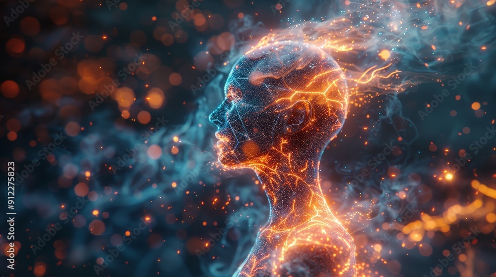 A stylized 3D-rendered head with glowing neural pathways and a bright sign reading mental clarity, set against a dark background to create contrast A stylized 3D-rendered head with glowing neural pathways and a bright sign reading mental clarity, set against a dark background to create contrast