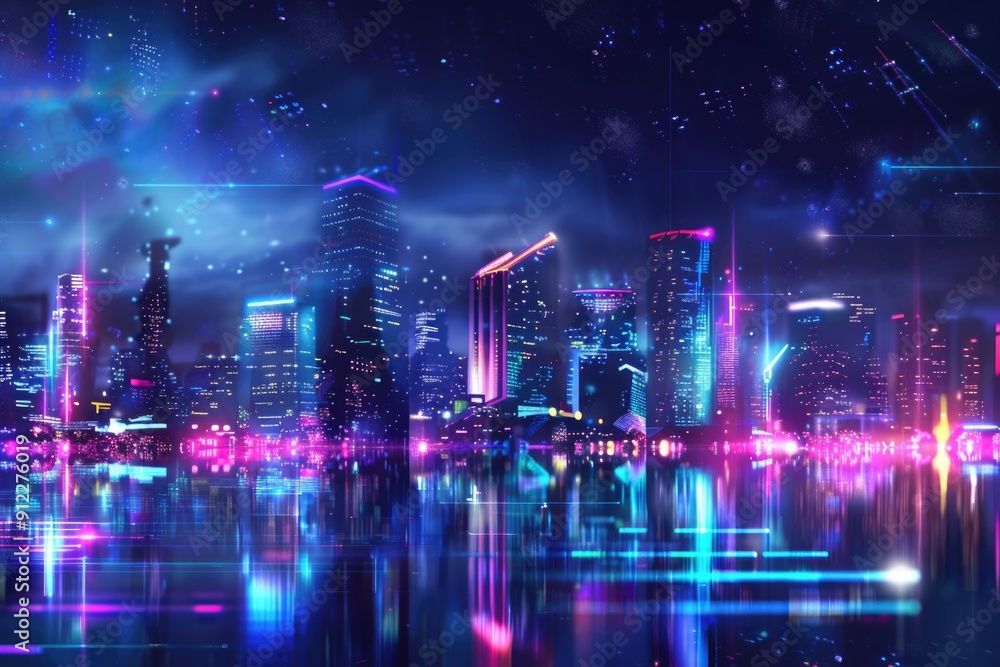 Neon-lit cityscape reflected in calm water at night Neon-lit cityscape reflected in calm water at night
