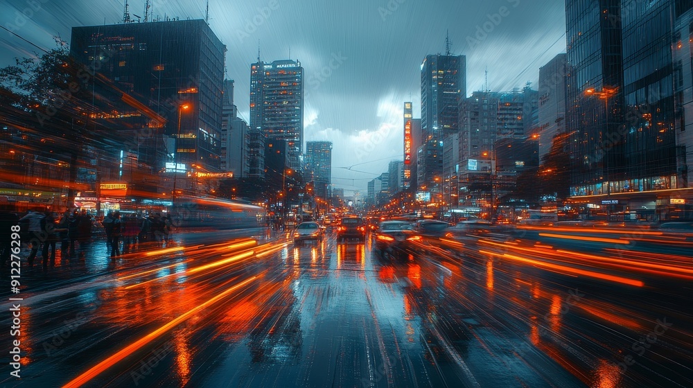 Dynamic scenes display slight motion blur of buildings, crowds, and cars. Mainly in dark blue and orange tones, highlighting its vibrant and constantly active nature Dynamic scenes display slight motion blur of buildings, crowds, and cars. Mainly in dark blue and orange tones, highlighting its vibrant and constantly active nature