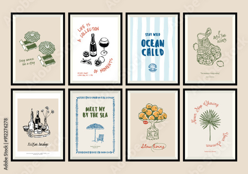 Minimal hand drawn vector dolce vita illustration set with aesthetic quote in a poster frame. Matisse style doodles.	