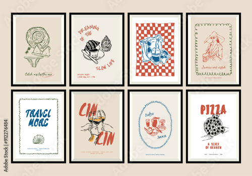 Minimal hand drawn vector dolce vita illustration set with aesthetic quote in a poster frame. Matisse style doodles.	