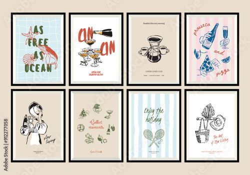 Minimal hand drawn vector dolce vita illustration set with aesthetic quote in a poster frame. Matisse style doodles.	