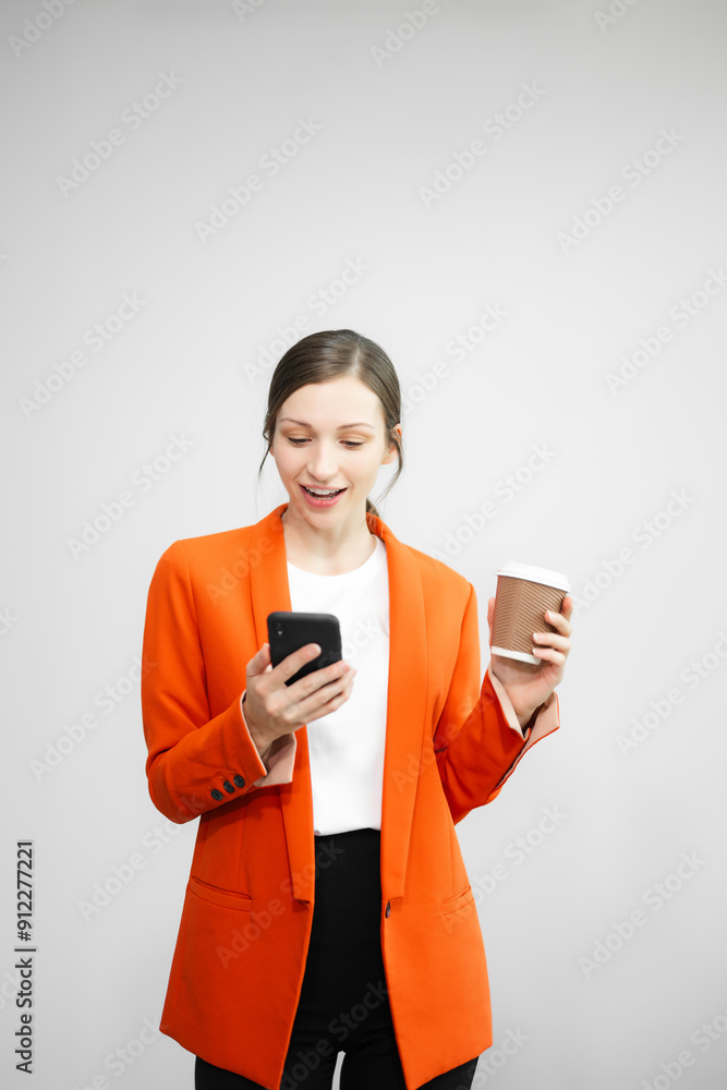 Portrait photo of young beautiful woman feeling happy and holding smart phone, tablet and laptop with black empty screen on white background can use for advertising or product presenting concept. Portrait photo of young beautiful woman feeling happy and holding smart phone, tablet and laptop with black empty screen on white background can use for advertising or product presenting concept.