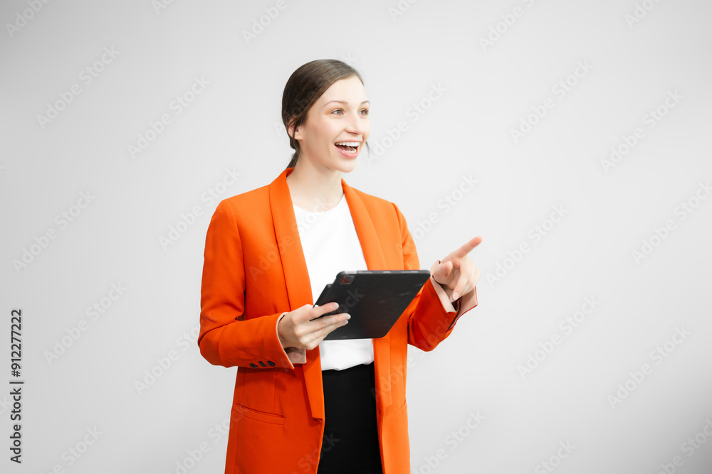 Portrait photo of young beautiful woman feeling happy and holding smart phone, tablet and laptop with black empty screen on white background can use for advertising or product presenting concept. Portrait photo of young beautiful woman feeling happy and holding smart phone, tablet and laptop with black empty screen on white background can use for advertising or product presenting concept.