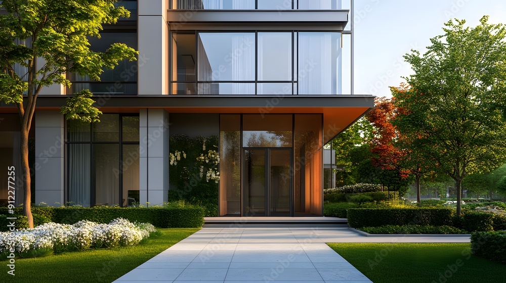Obraz premium Minimal front view of condo, sleek metal and glass, simple garden in front, early morning light, industrial chic style, quiet and contemplative mood