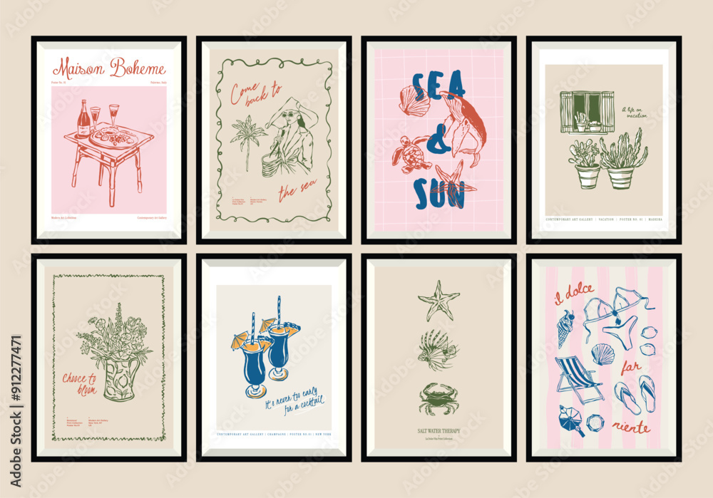 Minimal hand drawn vector dolce vita illustration set with aesthetic quote in a poster frame. Matisse style doodles. Minimal hand drawn vector dolce vita illustration set with aesthetic quote in a poster frame. Matisse style doodles.