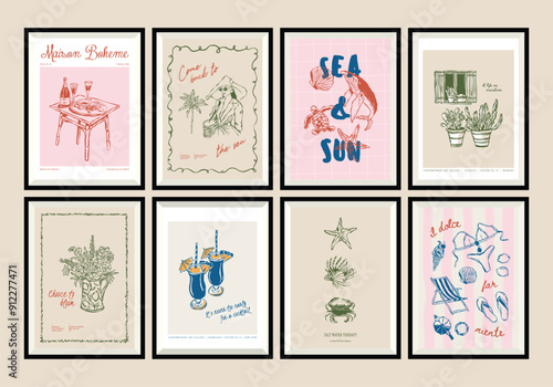 Photography Minimal hand drawn vector dolce vita illustration set with aesthetic quote in a poster frame