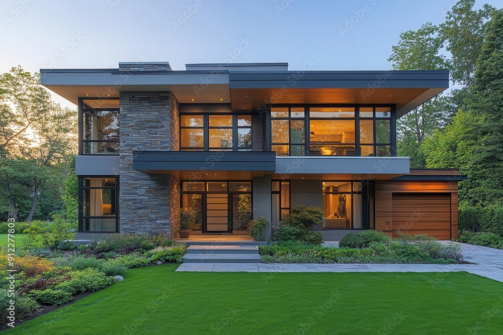 modern suburban home exterior at sunrise lush green lawn clear blue sky and warm light create inviting atmosphere architectural photography style emphasizes clean lines and curb appeal modern suburban home exterior at sunrise lush green lawn clear blue sky and warm light create inviting atmosphere architectural photography style emphasizes clean lines and curb appeal
