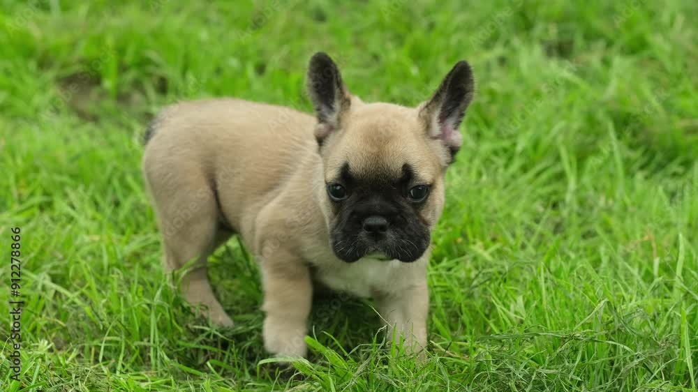 portrait of a cute little ginger french bulldog puppy sitting in the park on the grass and looking at the camera. happy dog outdoors portrait of a cute little ginger french bulldog puppy sitting in the park on the grass and looking at the camera. happy dog outdoors