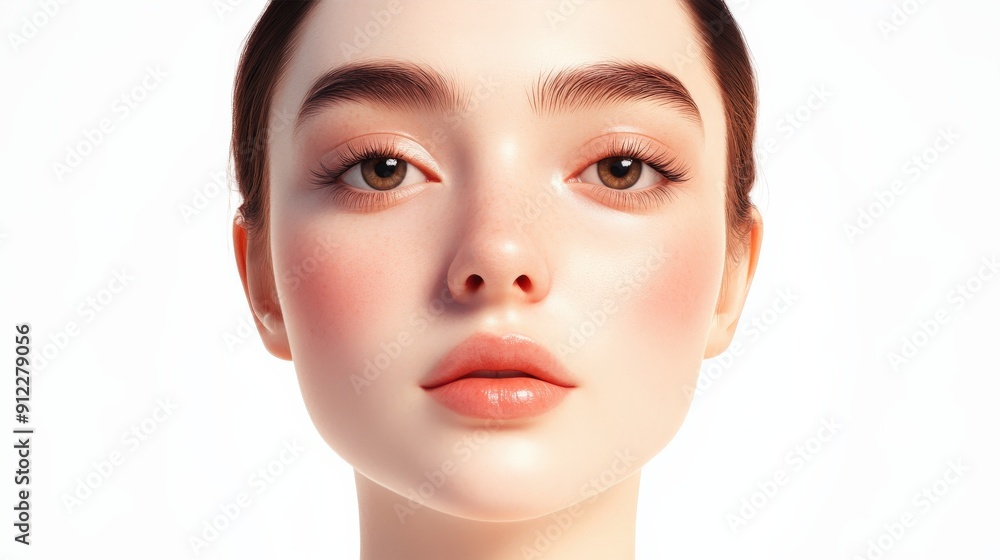 A close-up portrait of a young woman with flawless skin and natural makeup against a light background. A close-up portrait of a young woman with flawless skin and natural makeup against a light background.