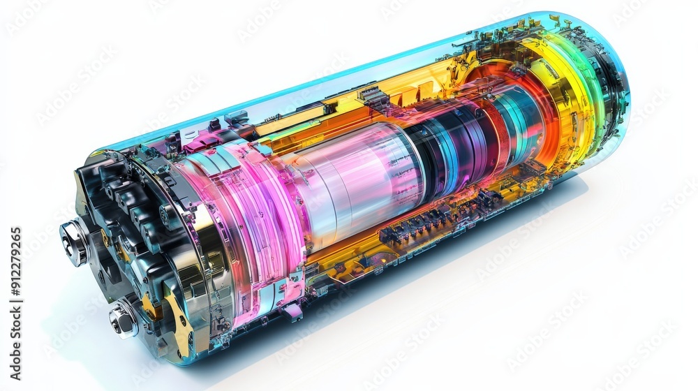 A colorful, transparent cylinder showcasing intricate engineering and design, representing modern technology and innovation. A colorful, transparent cylinder showcasing intricate engineering and design, representing modern technology and innovation.