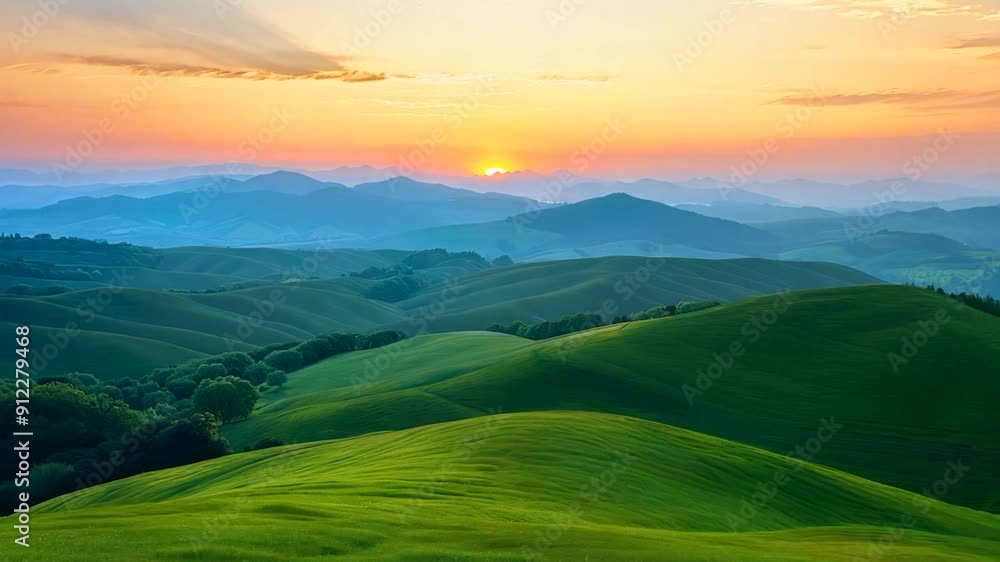 Sunset over rolling hills, warm light, serene atmosphere, natural beauty, copy space Sunset over rolling hills, warm light, serene atmosphere, natural beauty, copy space