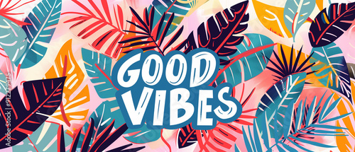 Good vibes text, floral horizontal illustration background