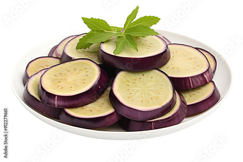 A Fresh Plate of Sliced Eggplant With a Garnish of Green Herbs on a White or Clear Surface PNG Transparent Background.