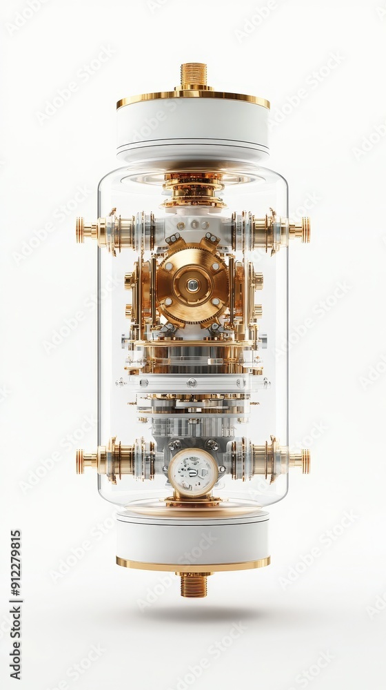 A detailed view of a futuristic mechanical component with golden accents and a transparent design, perfect for tech enthusiasts.