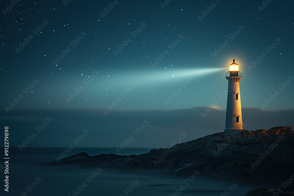 Generative ai on theme of large retro lighthouse with beam of bright light shining out to blue sea Generative ai on theme of large retro lighthouse with beam of bright light shining out to blue sea