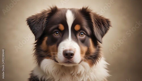 Close-up portrait Australian Shepherd Dog Puppy looking at camera, white background.