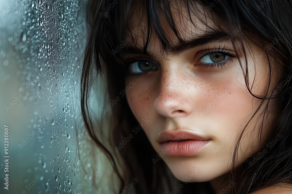 poignant portrait of a young woman gazing pensively out a rainstreaked window her expression conveying deep melancholy and introspection poignant portrait of a young woman gazing pensively out a rainstreaked window her expression conveying deep melancholy and introspection