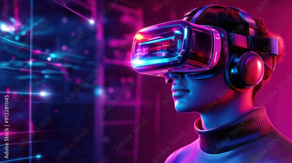 A person wearing virtual reality headset, immersed in a vibrant digital environment filled with glowing lights and technology. A person wearing virtual reality headset, immersed in a vibrant digital environment filled with glowing lights and technology.