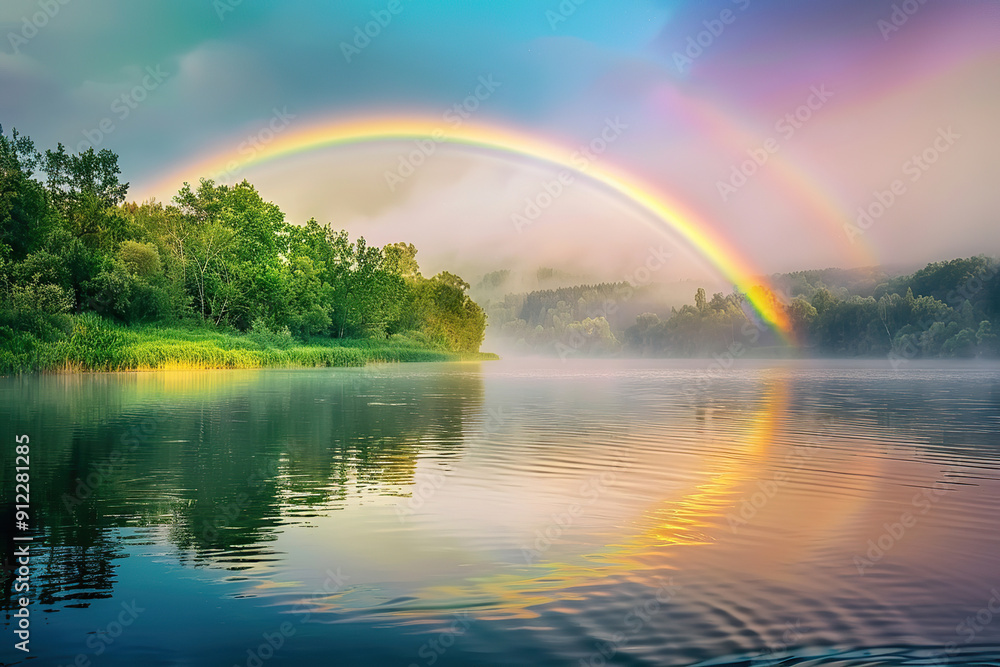 Generative ai on theme of beautiful tranquil landscape with magical bright rainbow at cloudy sky Generative ai on theme of beautiful tranquil landscape with magical bright rainbow at cloudy sky