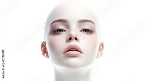 A striking, minimalist portrait of a mannequin with a flawless, smooth face and subtle features against a bright white background.