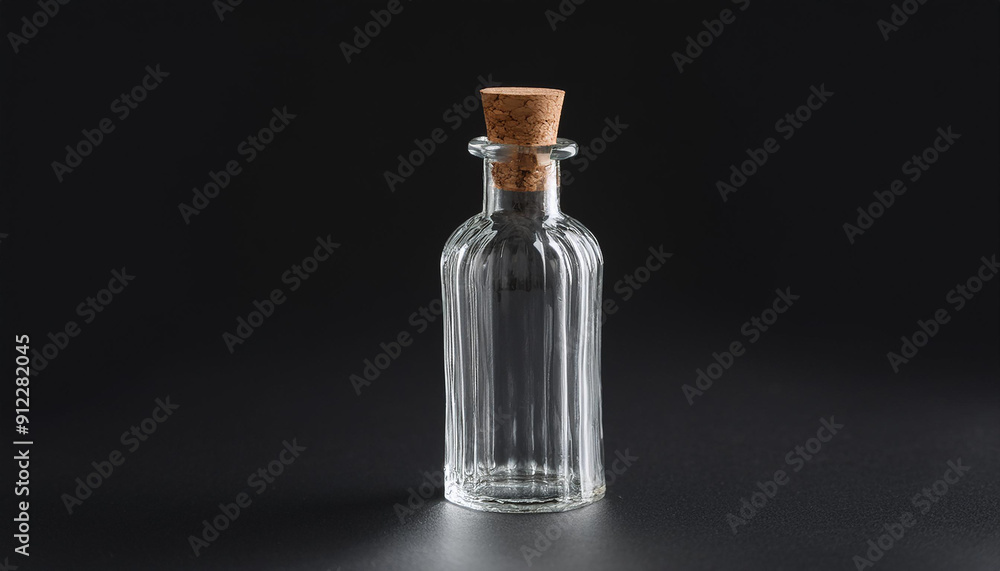 Elegant clear glass bottle with cork stopper on black background. Container for liquids. Mock-up. Elegant clear glass bottle with cork stopper on black background. Container for liquids. Mock-up.