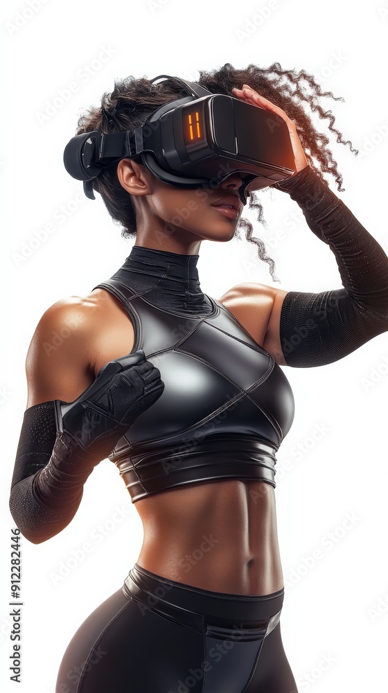 A woman engaged in virtual reality, showcasing modern technology and fitness, embodying innovation and immersive experience. A woman engaged in virtual reality, showcasing modern technology and fitness, embodying innovation and immersive experience.