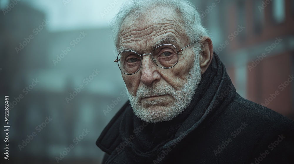 A ethereal portrait of a very elderly man in a dreamy mist, taken in a fashionable pose in front of a rugged building. Shoot with film grain texture, very suitable for magazines A ethereal portrait of a very elderly man in a dreamy mist, taken in a fashionable pose in front of a rugged building. Shoot with film grain texture, very suitable for magazines