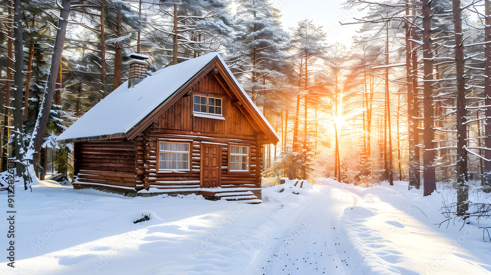 Cozy cabin in snowy woods with warm light from windows Cozy cabin in snowy woods with warm light from windows