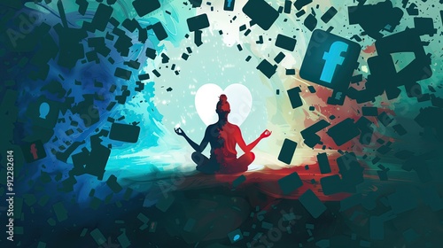 Digital detox and unplugging concept. Meditation Among Social Media Icons