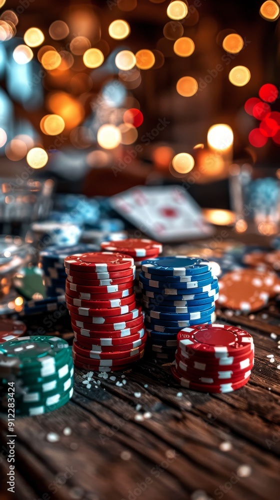 Stacks of Poker Chips on Wooden Table Stacks of Poker Chips on Wooden Table
