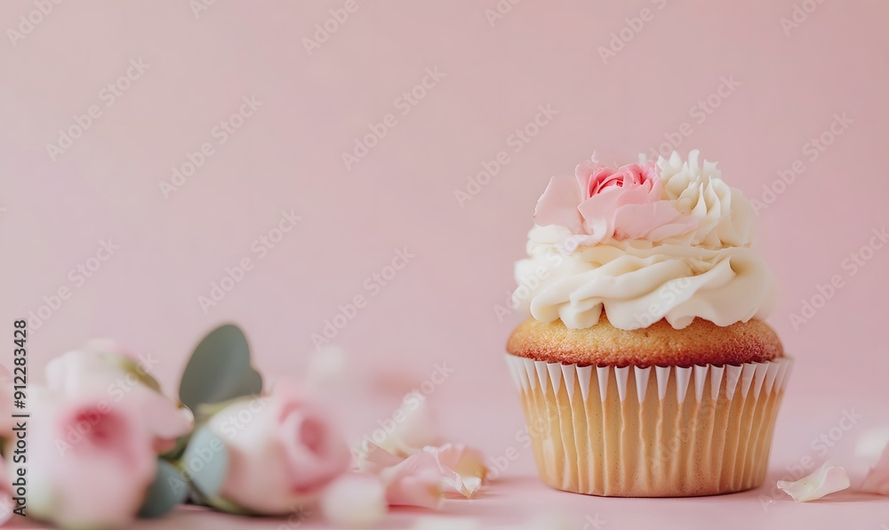 a cupcake decorated beatiful flowers, Generative AI a cupcake decorated beatiful flowers, Generative AI