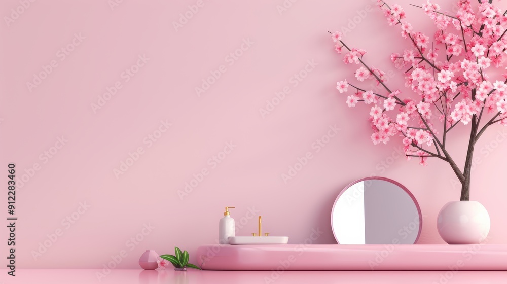 A serene spa environment decorated in soft pink tones, featuring minimalist furnishings and an uncluttered layout, perfect for adding text or graphics. A serene spa environment decorated in soft pink tones, featuring minimalist furnishings and an uncluttered layout, perfect for adding text or graphics.