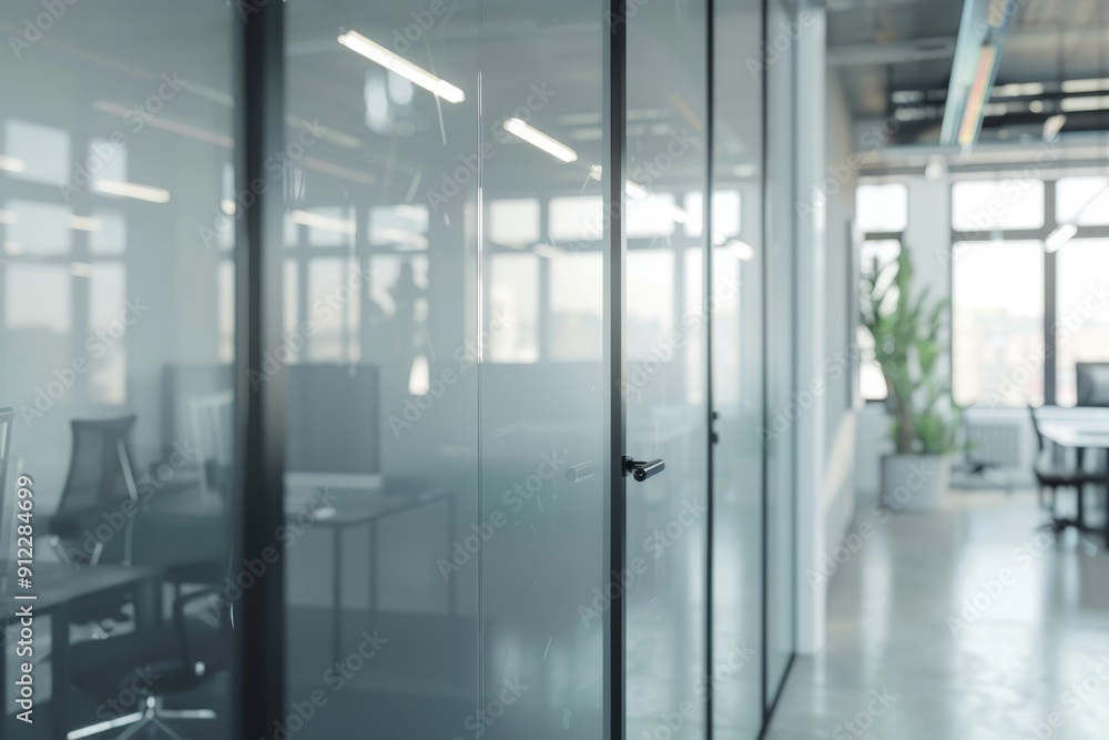 Modern Office Interior with Frosted Glass Doors and Black Frame Modern Office Interior with Frosted Glass Doors and Black Frame