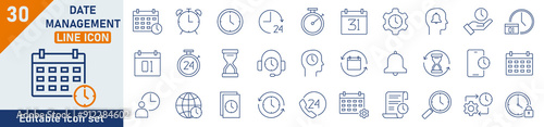 Date Management line icon set. Set of 30 outline icons related to calendar, planning, schedule and time. Date Management outline icons collection. Editable stroke. Vector illustration.
