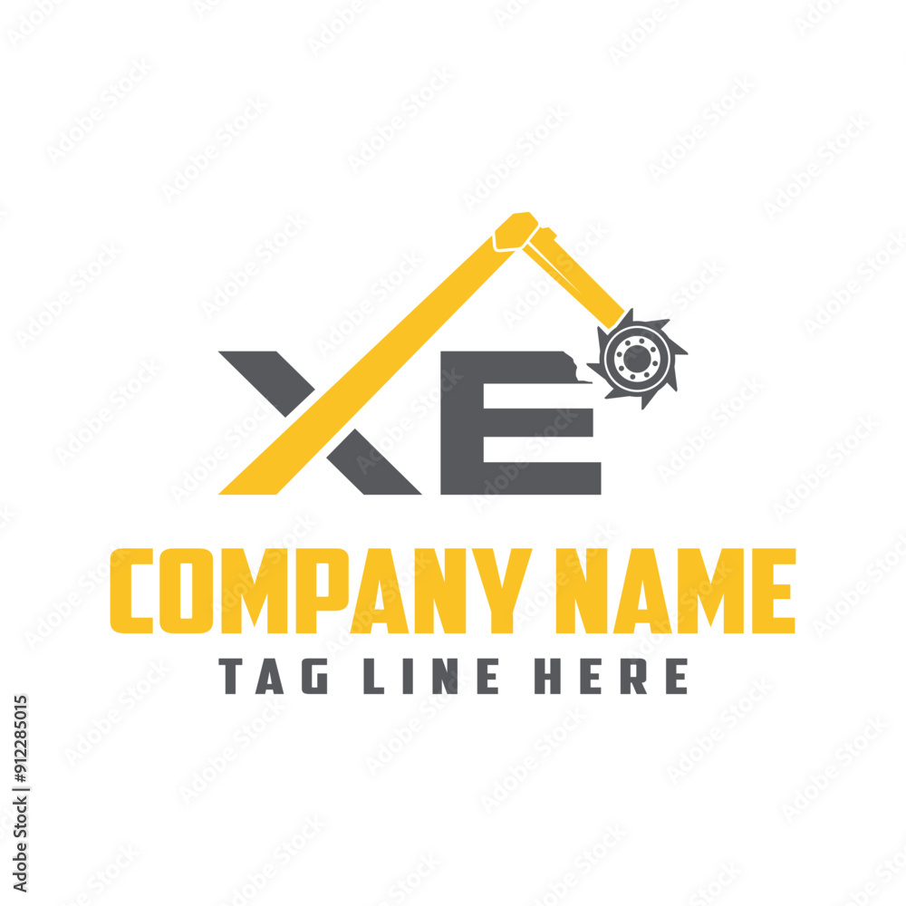 Letter XE arm with a rolling drum destruction, logo template vector Letter XE arm with a rolling drum destruction, logo template vector