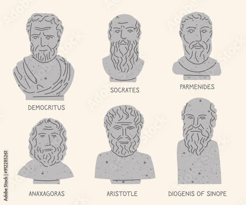 Bust statues of famous antique Greek philosophers, real portraits, vector illustration. Democritus, Anaxagoras, Socrates, Parmenides, Aristotle, Diogenis of Sinope