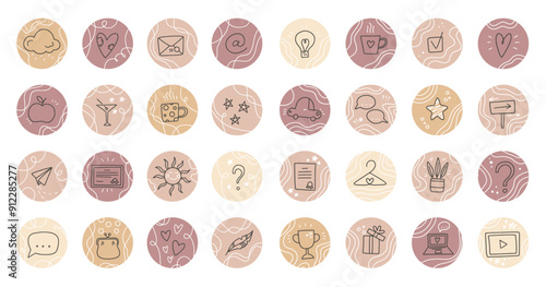 Collection of stories highlight covers round icons for social media. Love, food, travel, weather, questions, parties, education, money, chat, contacts. Vector illustration.