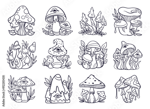 Trippy psychedelic mushroom element collection, black and white outline doodle sketch hand drawn style, vector illustration 