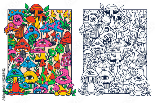 Trippy psychedelic mushroom adult colouring page with colored version, cute doodle sketch hand drawn style, vector illustration