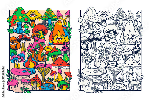 Trippy psychedelic mushroom adult colouring page with colored version, cute doodle sketch hand drawn style, vector illustration