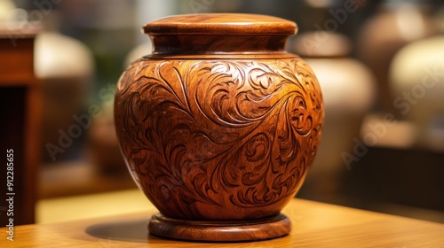 Intricately Carved Wooden Urn