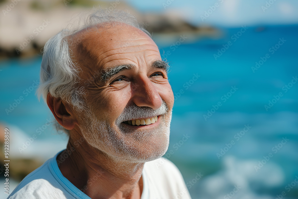 A smiling elderly man with a white beard enjoying a sunny day by the sea, radiating happiness and warmth. A smiling elderly man with a white beard enjoying a sunny day by the sea, radiating happiness and warmth.