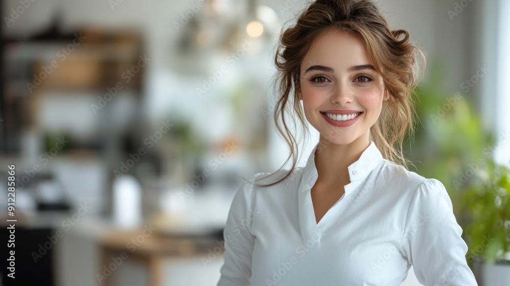 A cheerful woman stands confidently in a bright, modern office filled with greenery A cheerful woman stands confidently in a bright, modern office filled with greenery