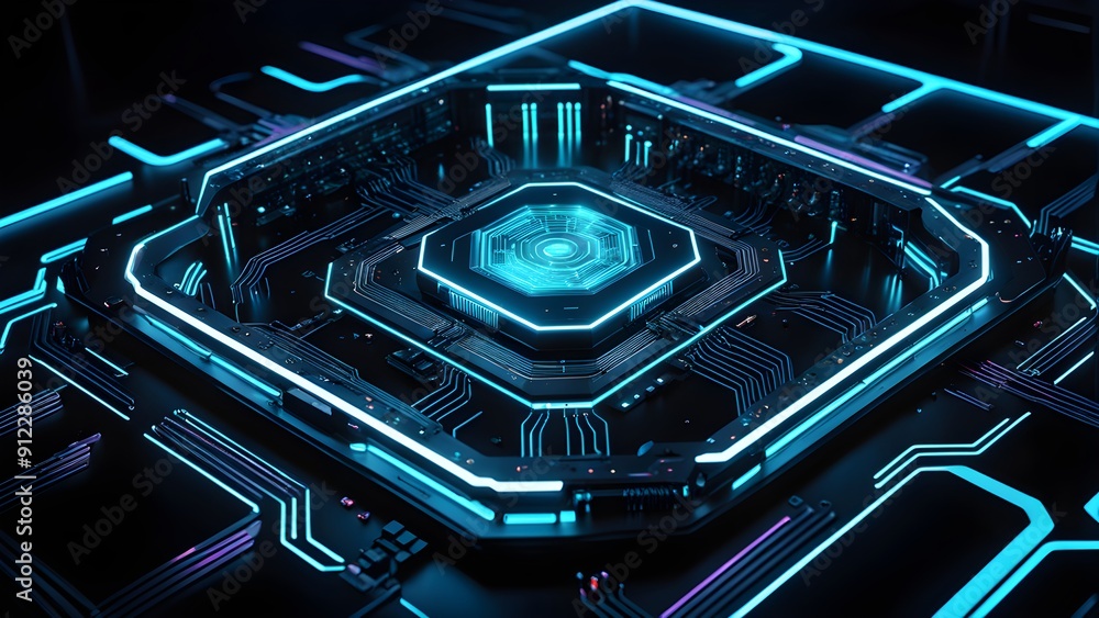 A computer chip with a blue glow A computer chip with a blue glow