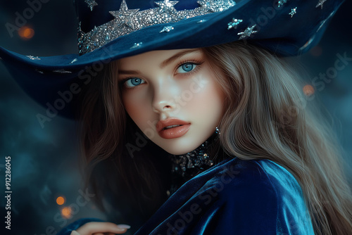 fantasy brunette blue eyed model wearing a blue velvet cloak with silver stars and crystals and a sparkly pointy blue witch hat at the background of a celestial night sky and mysterious fog  photo