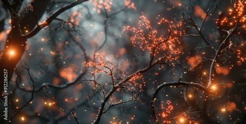 Ethereal glowing lights among branches in a mystical forest, creating a magical and enchanting atmosphere with a dreamy twilight ambiance.