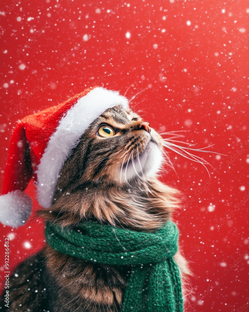 Festive cat in a red Santa hat and green scarf Festive cat in a red Santa hat and green scarf