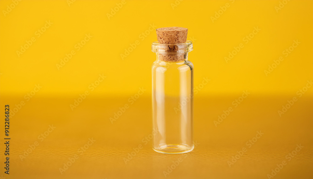 Elegant clear glass bottle with cork stopper on yellow background. Container for liquids. Mock-up. Elegant clear glass bottle with cork stopper on yellow background. Container for liquids. Mock-up.