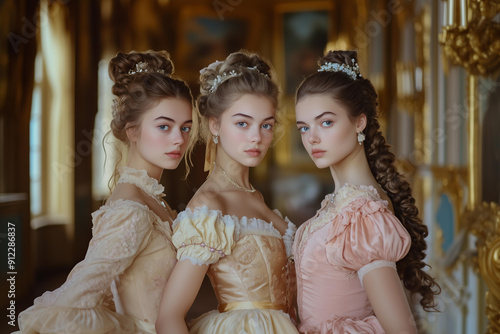 fictional young women in French style pastel tones elaborate dresses with intricate braided hairstyles pose confident for the camera inside palace, in a historical drama movie scene photo